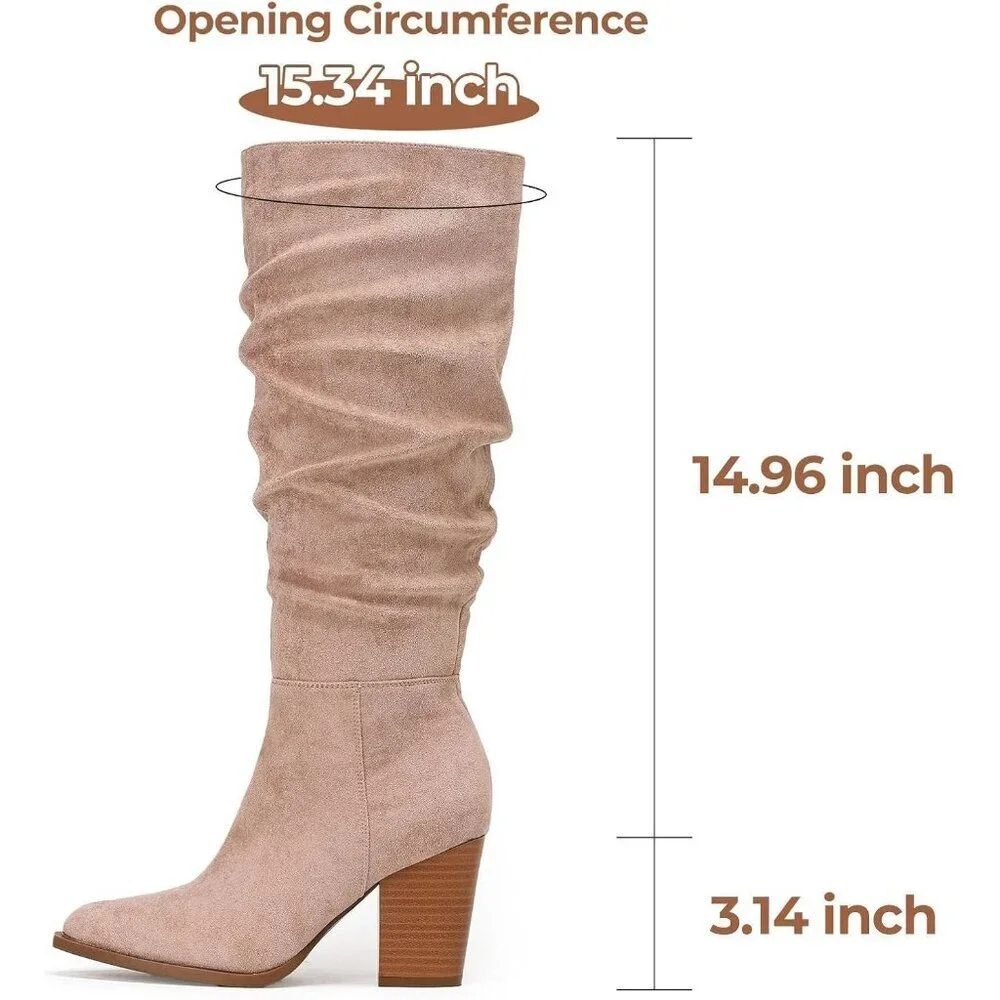 Women's Rosy Brown Pointed Toe Faux Suede Slouch Chunky Heel Knee High Boots